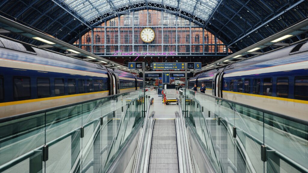 View of platform at train station in London.