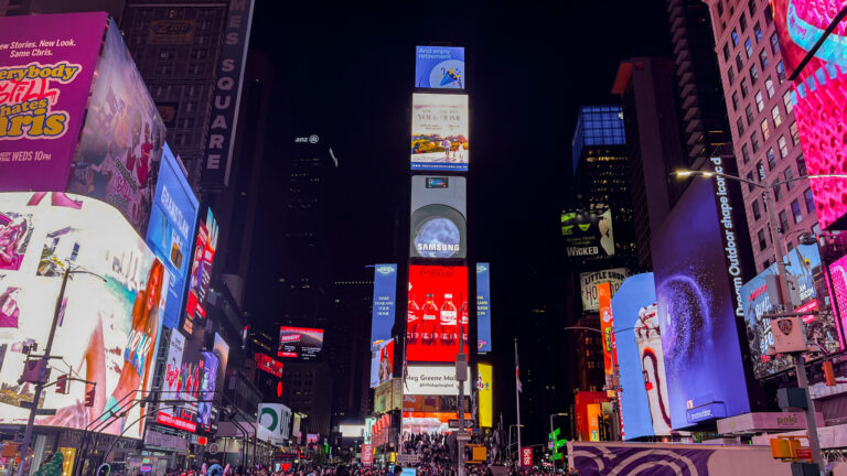 Manhattan at night in Times Square.