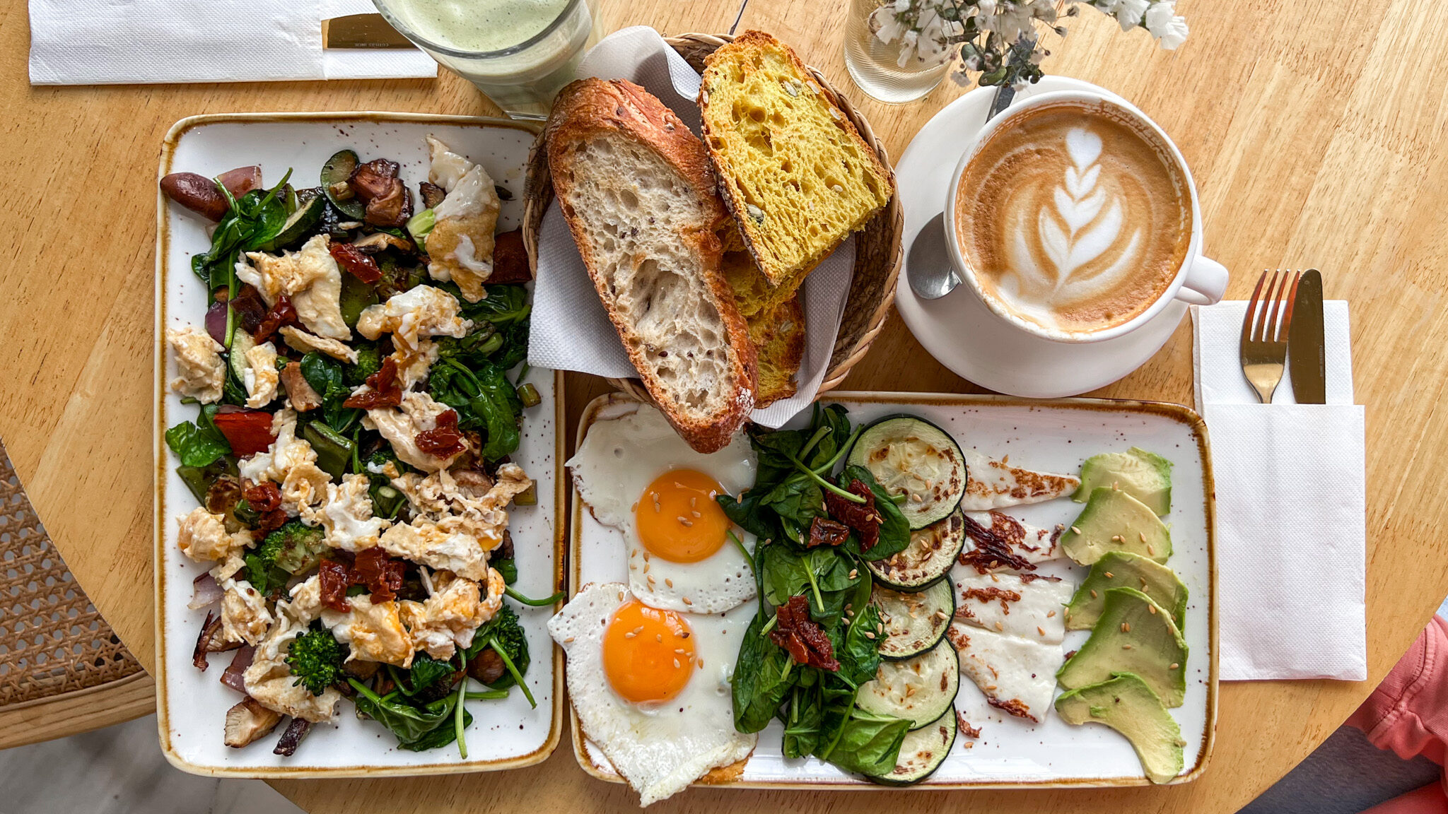 The Singular Coffee Vejer | Krista the Explorer Two breakfast dishes with coffee and matcha.