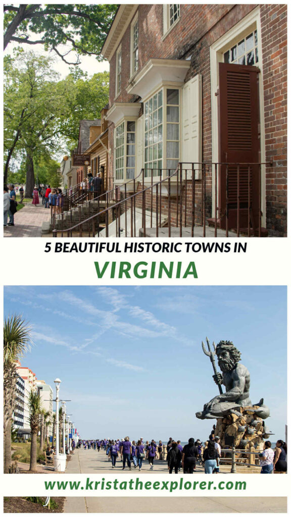 Virginia | Krista the Explorer Buildings in Colonial Williamsburg and Poseidon statue along waterfront.