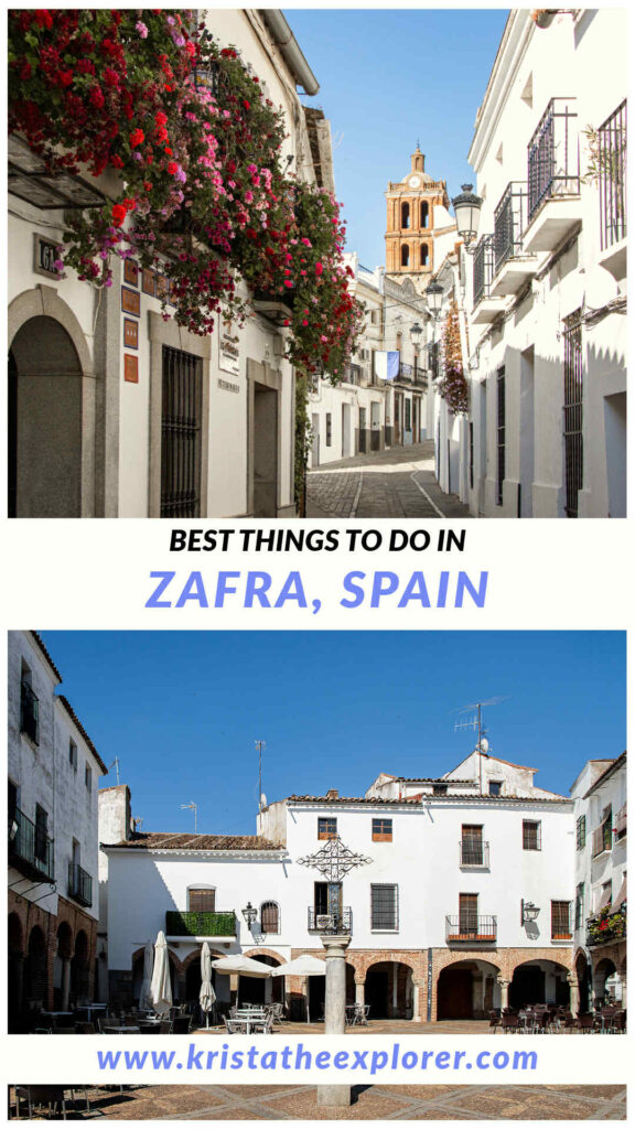 Zafra | Krista the Explorer Street in white village and small plaza with restaurants.