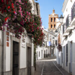 Old street in Zafra with church tower in distance.