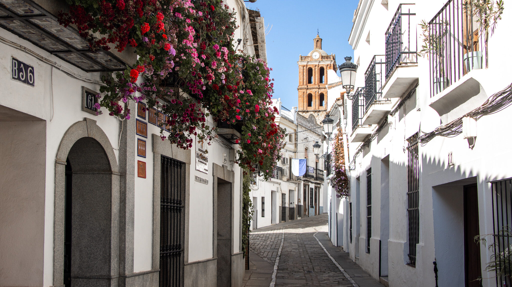 Old street in Zafra with church tower in distance.