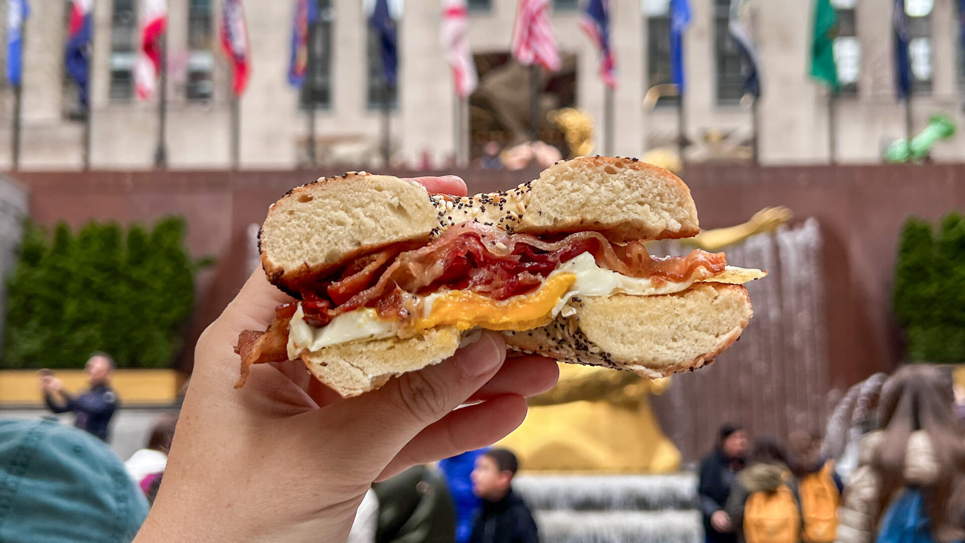 Bagel Manhattan | Krista the Explorer Everything bagel with egg and bacon inside.