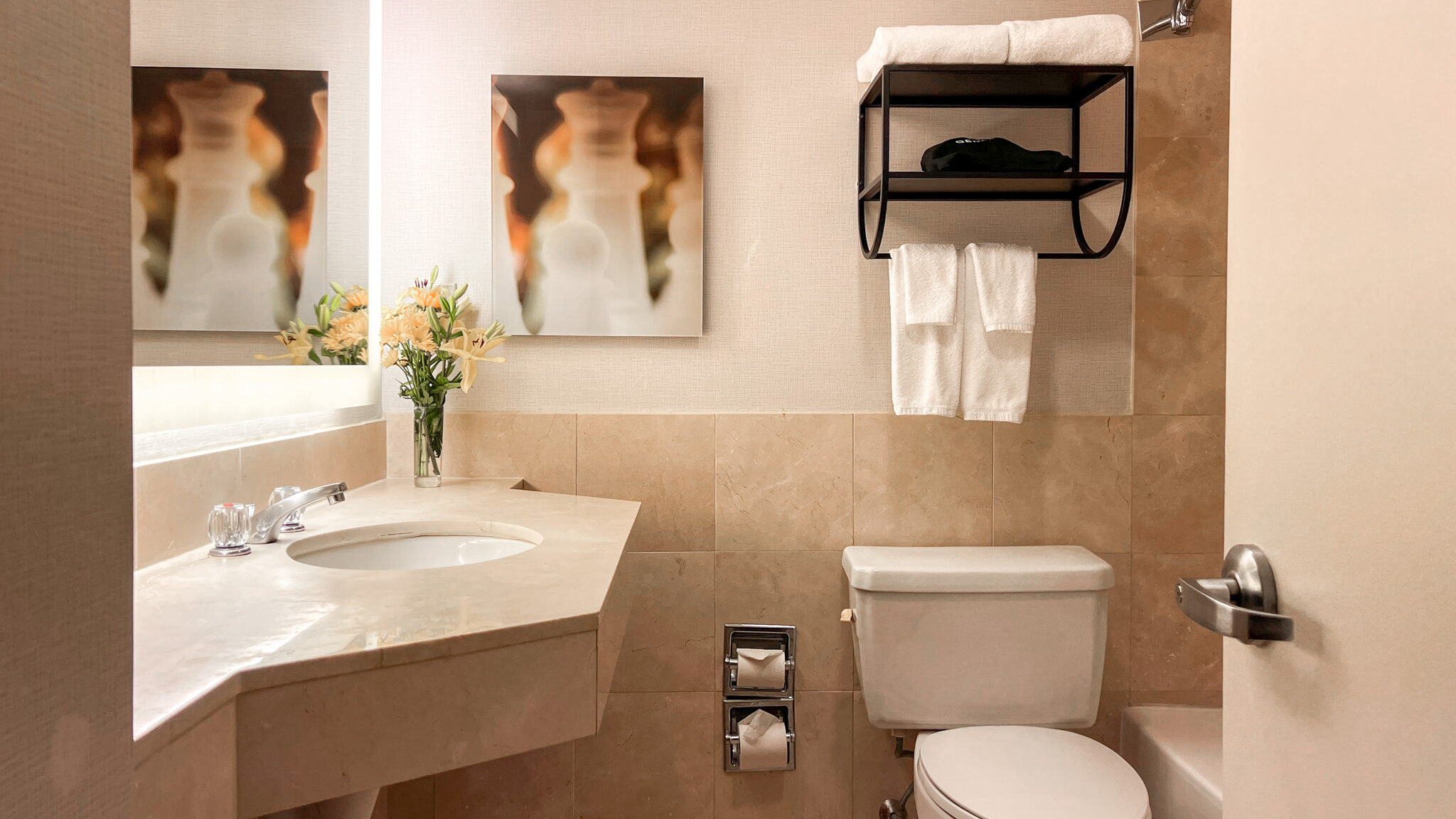 Washington Generator | Krista the Explorer Bathroom in hotel room with large sink.