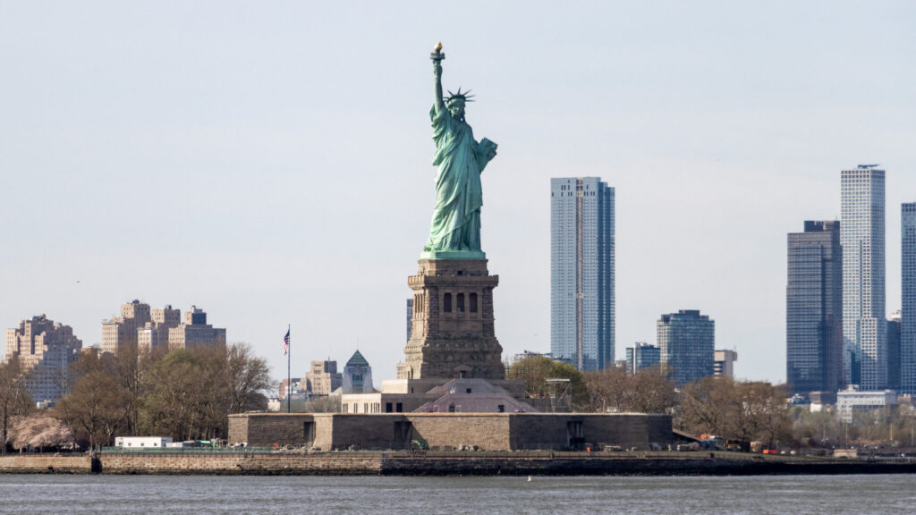 View of the Statue of Liberty from the water.