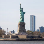 View of the Statue of Liberty from the water.