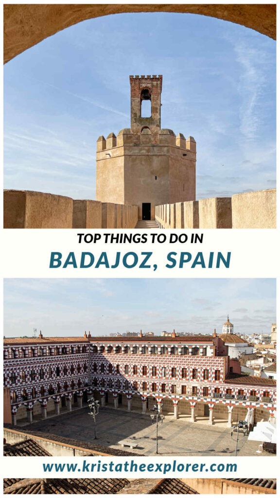 Badajoz | Krista the Explorer Tower on fortress wall and view of colourful plaza.