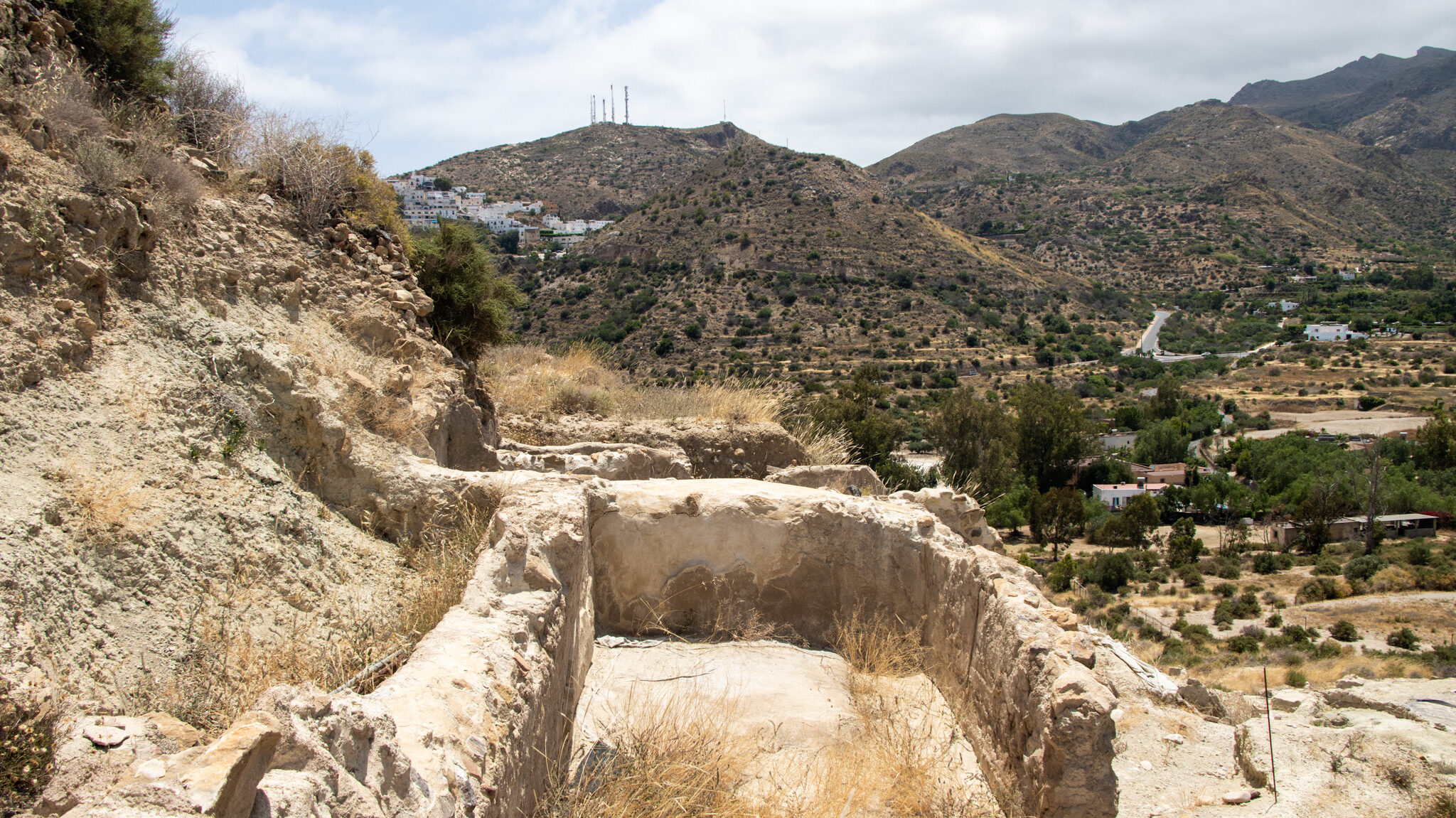 View of archaeological site in Mojacar on hill.
