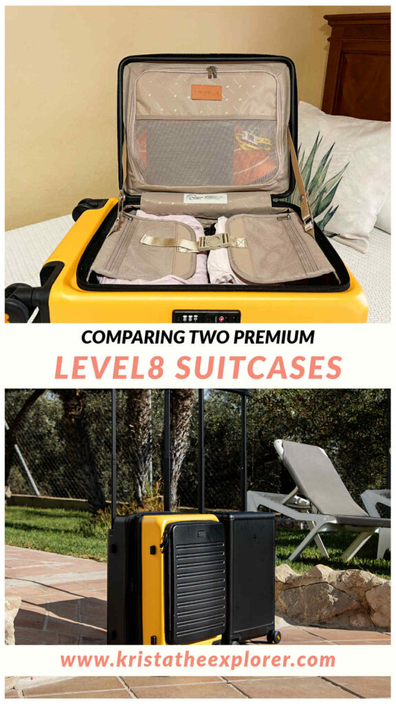 LEVEL8 | Krista the Explorer Suitcase opened on bed and two suitcases outside.