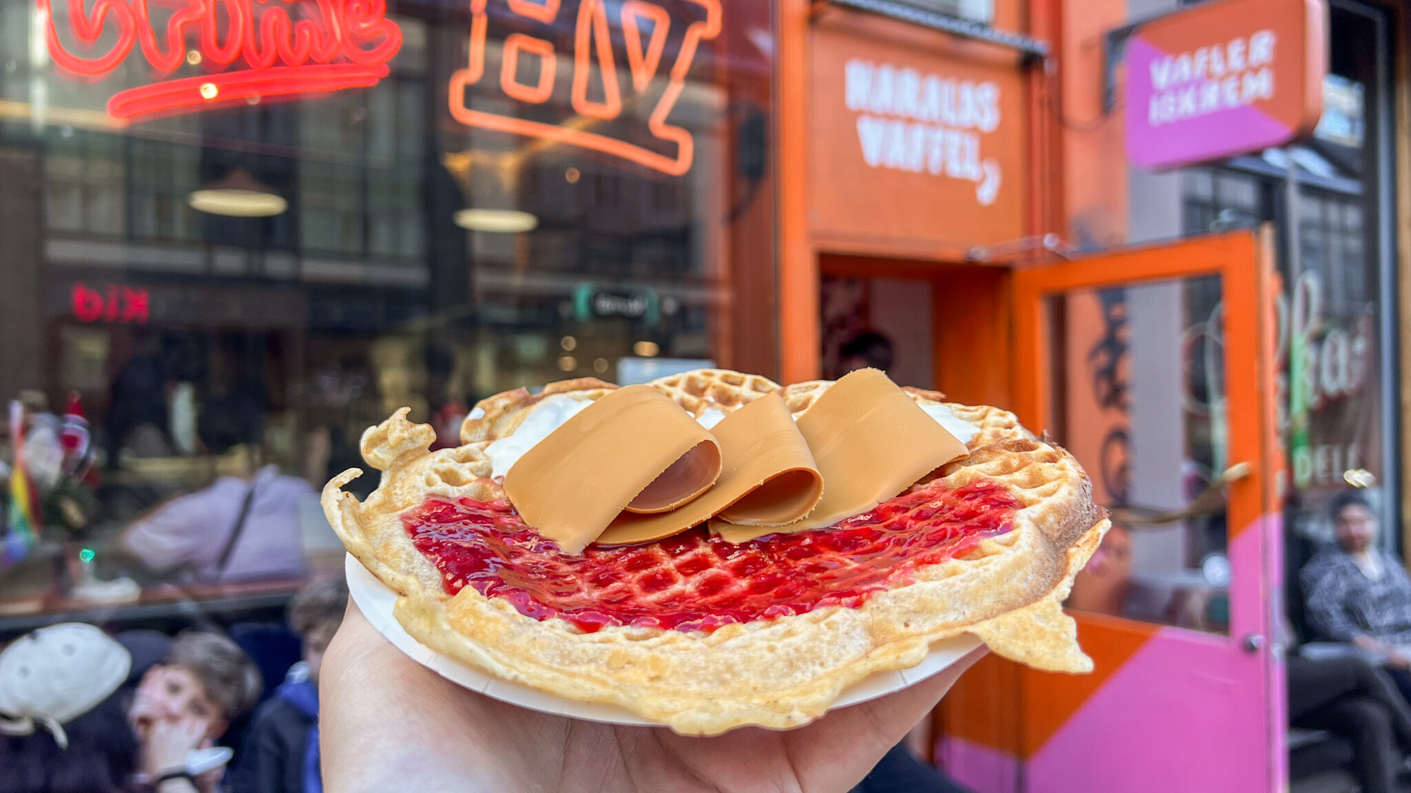 Haralds Vaffel Oslo | Krista the Explorer Norwegian waffle with jam and brown cheese.