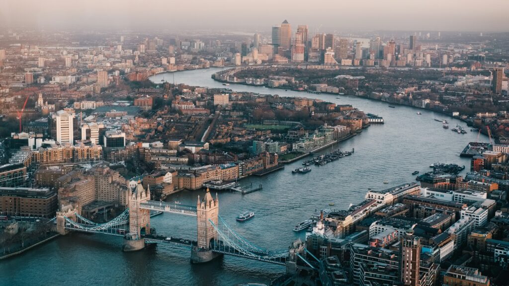 Aerial view of River Thames and Tower Bridge.
