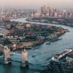 Aerial view of River Thames and Tower Bridge.