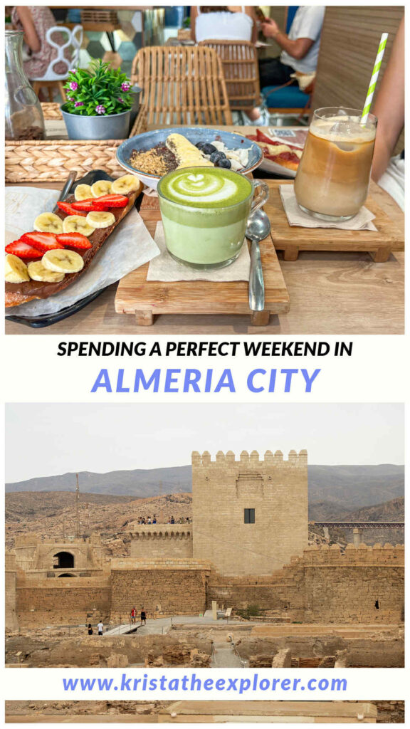 Breakfast on table in cafe and view of medieval fortress. 