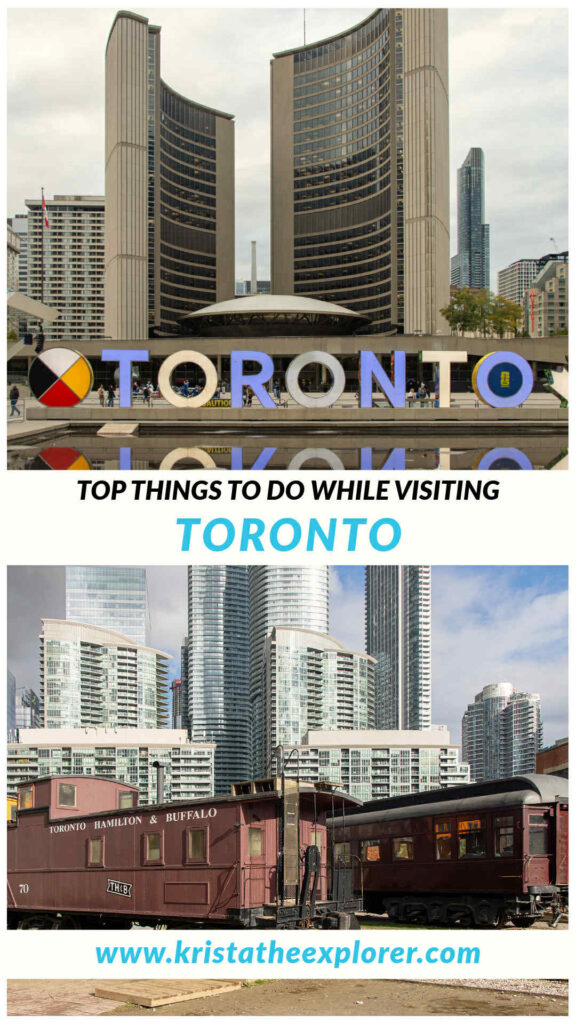 Toronto | Krista the Explorer Toronto sign in square and old train carriages in outdoor space.