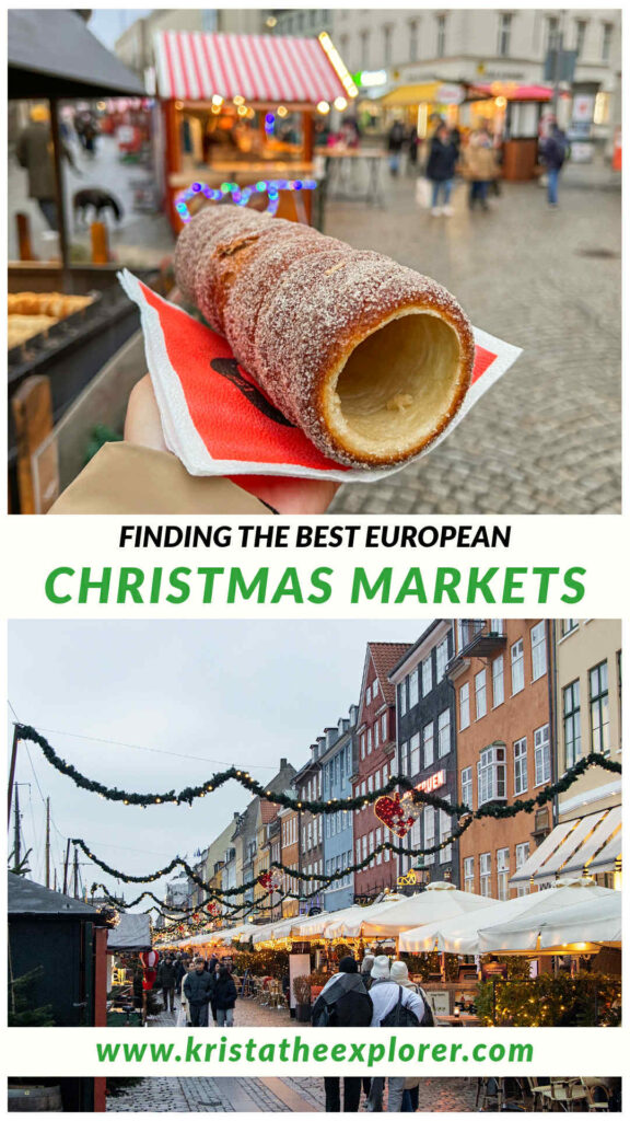 Chimney cake with sugar and Christmas market stalls in Nyhavn. 