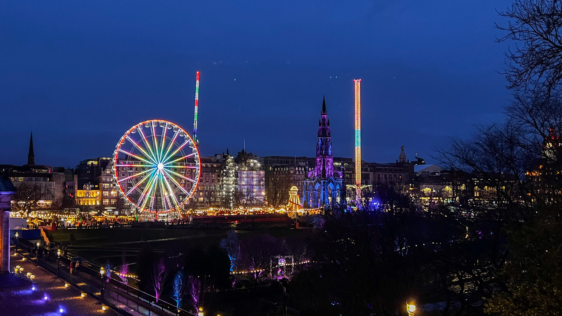 View of Christmas market in Edinburgh from the old town.