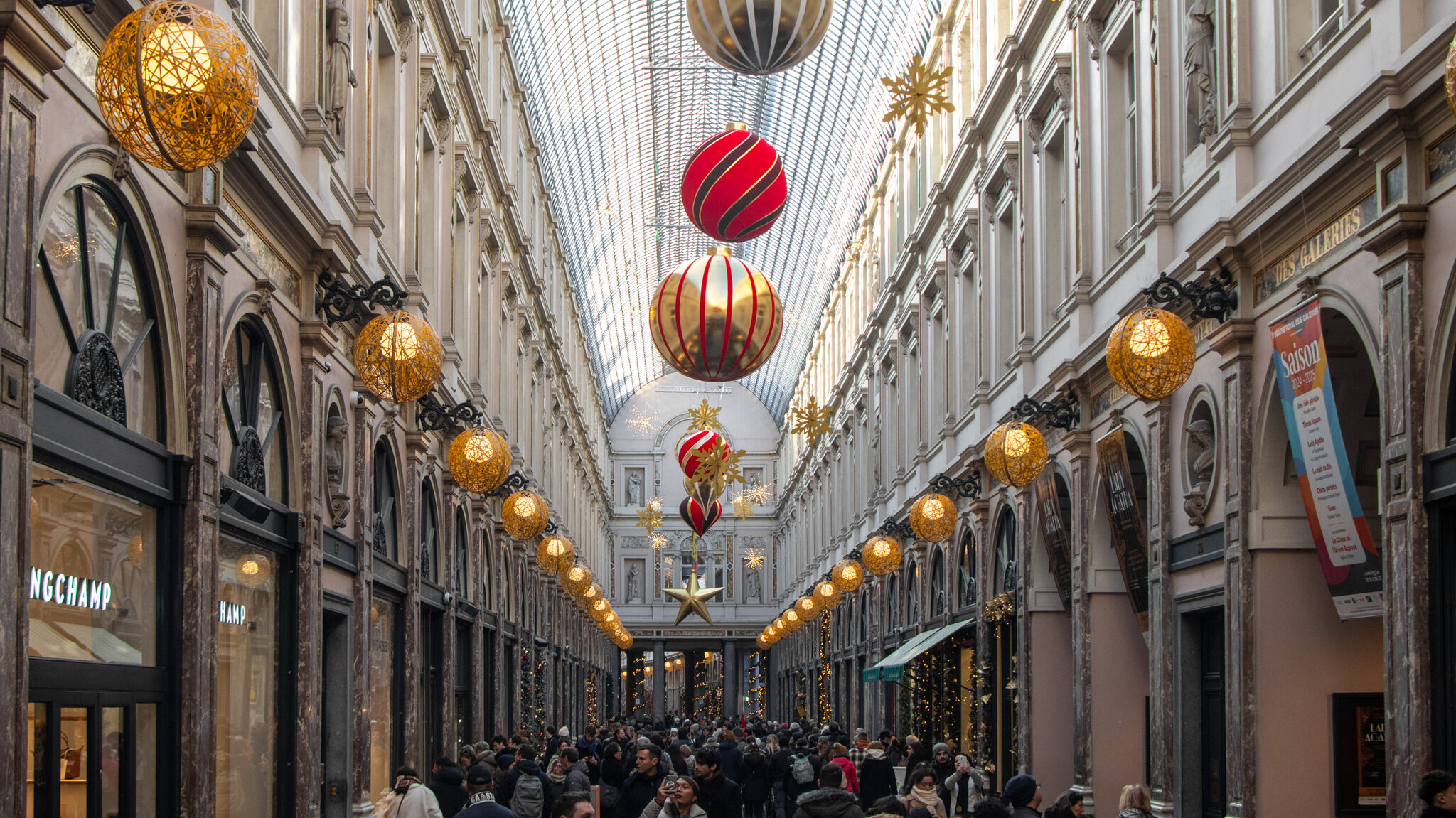 Old shopping gallery with Christmas decorations. 