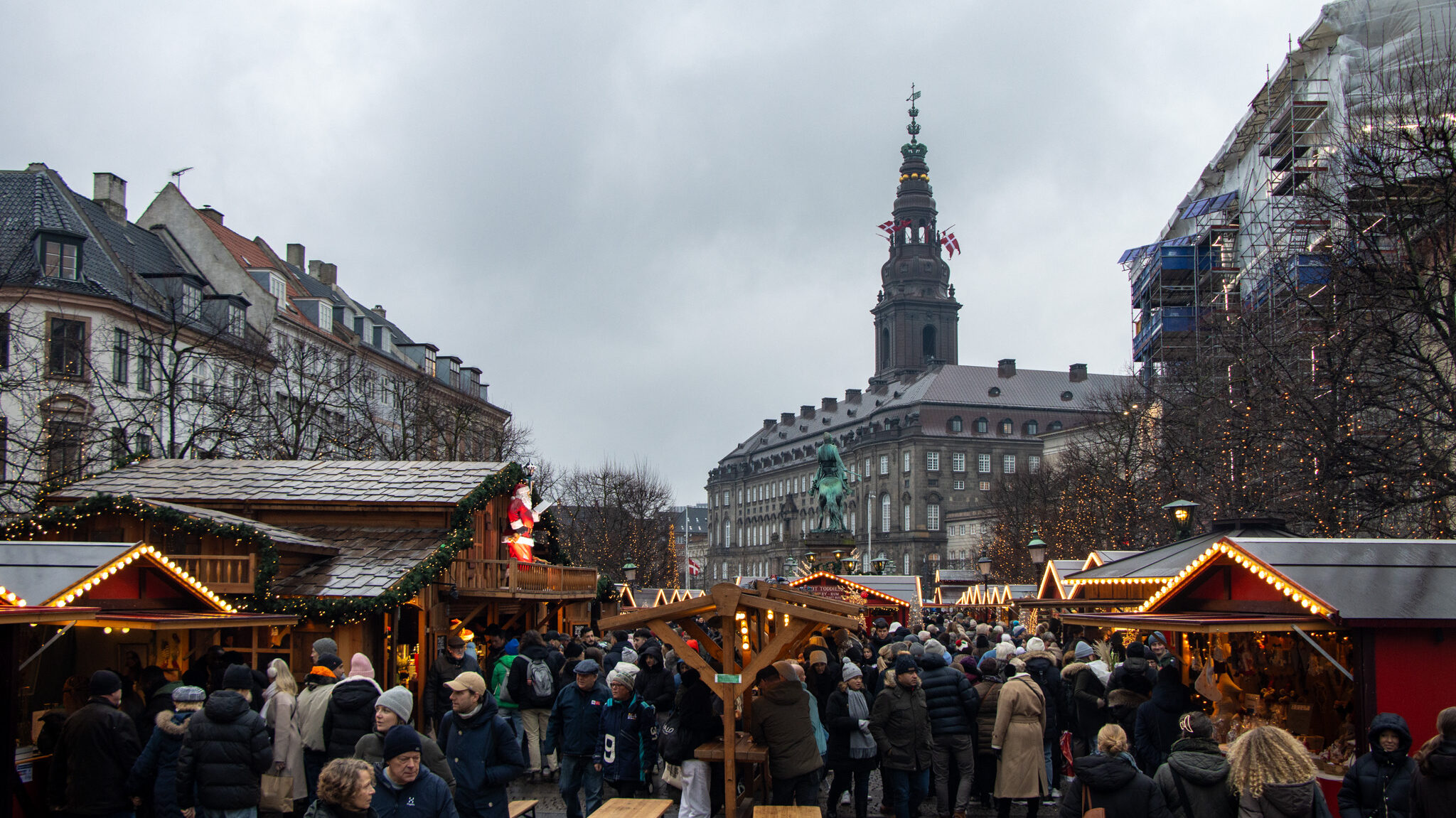 Christmas market stalls set up in Copenhagen square. 