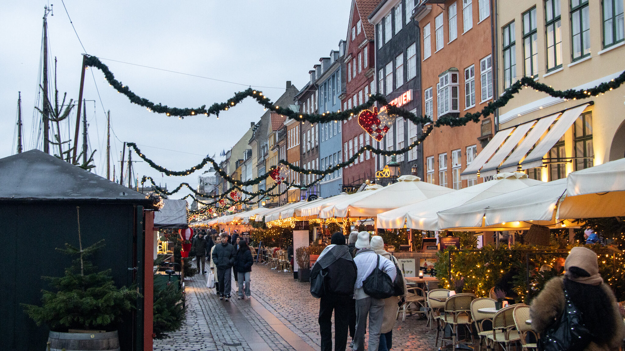 Christmas market stalls set up along Nyhavn.