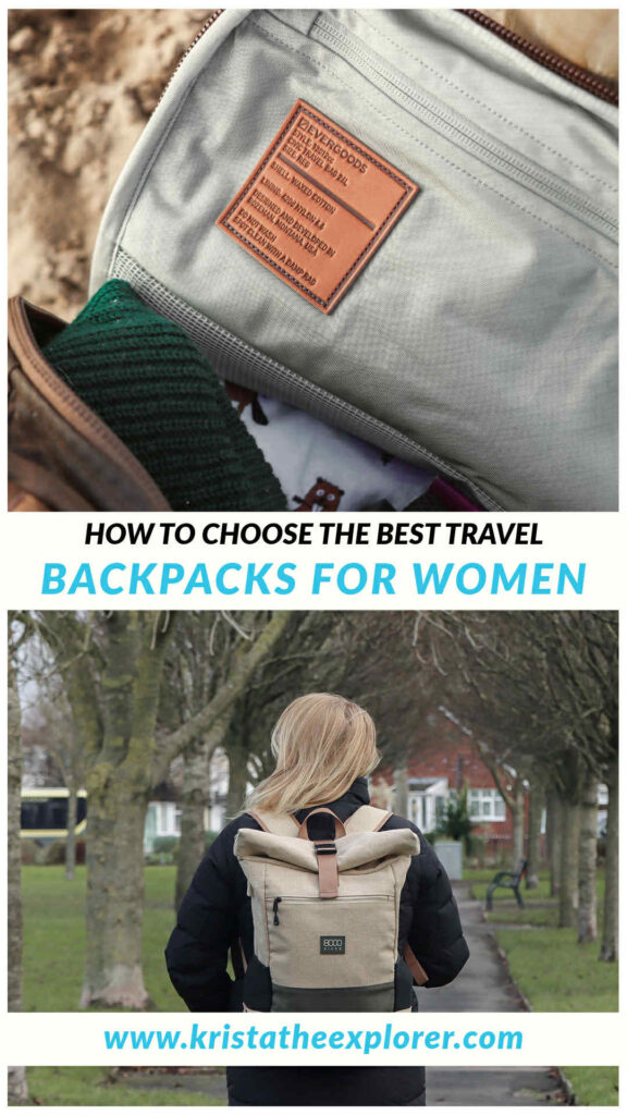 Travel Backpacks | Krista the Explorer Interior of wax-canvas backpack and woman with hemp backpack.