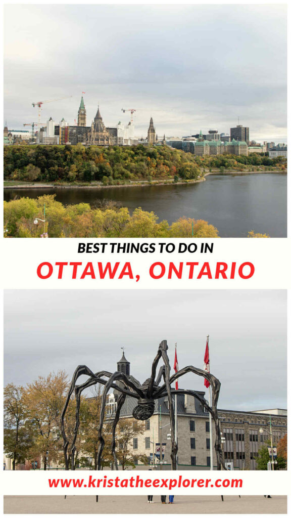 Ottawa | Krista the Explorer View of Parliament Hill across water and spider statue.