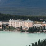 Aerial view of resort next to lake in Canada.