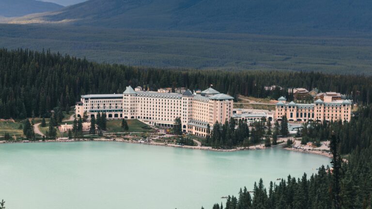 Aerial view of resort next to lake in Canada.
