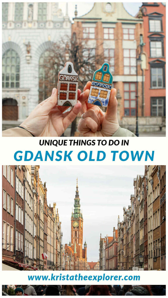 Two ceramic houses in old town and street view of Gdansk.