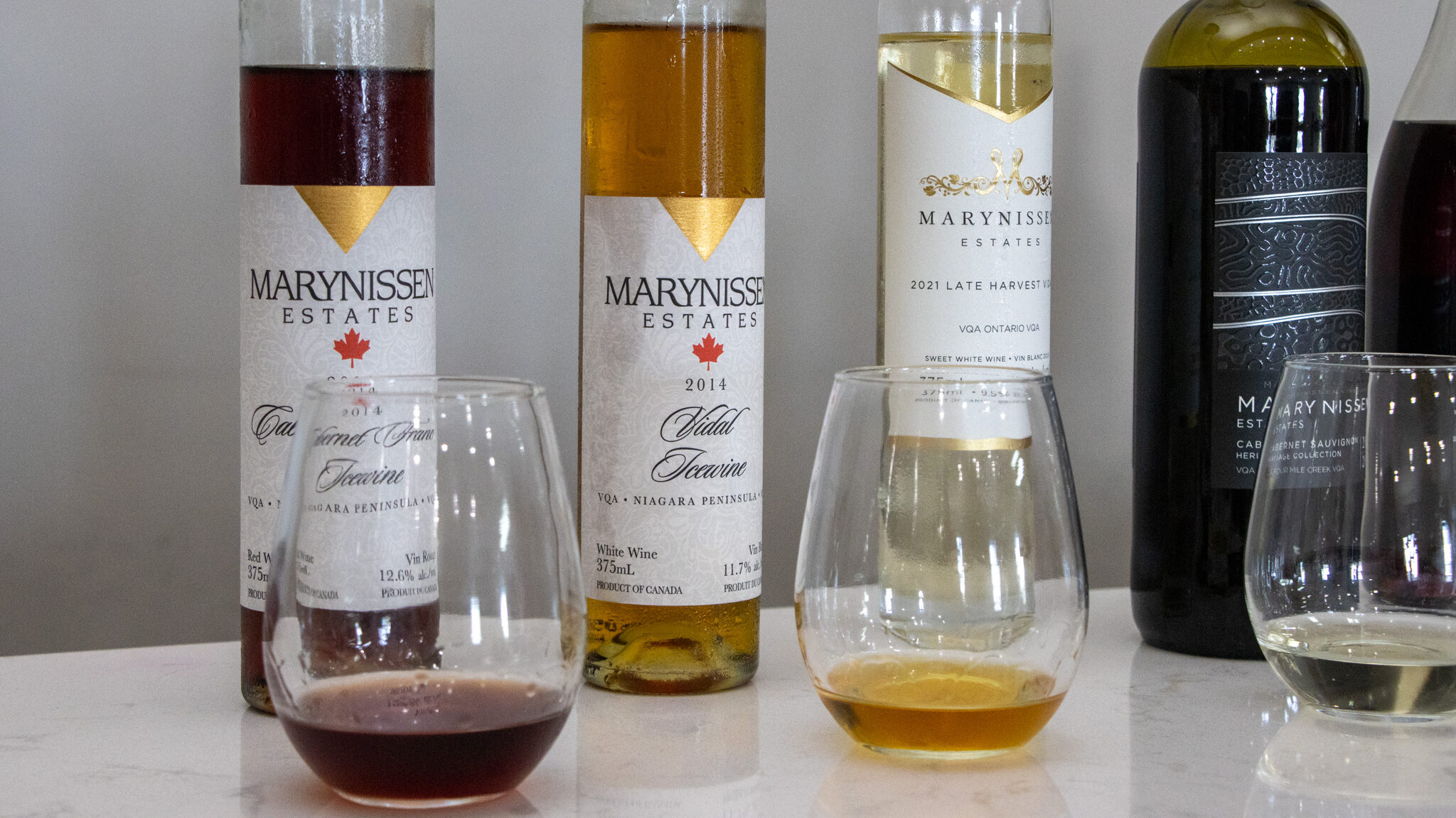 Marynissen Estates Winery | Krista the Explorer Selection of ice wines lined up in Niagara winery.