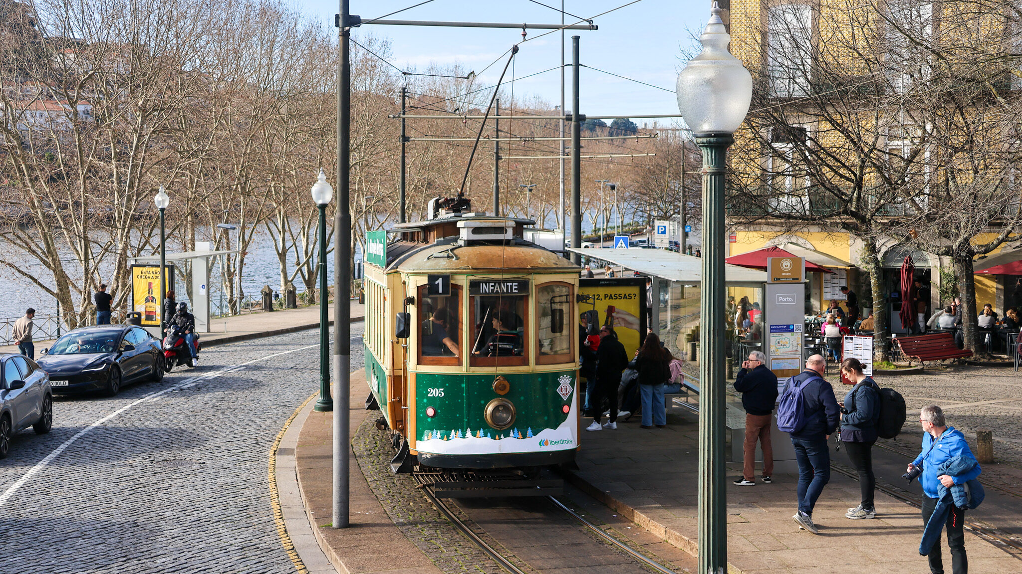 Vintage yellow tram in Porto old town.
