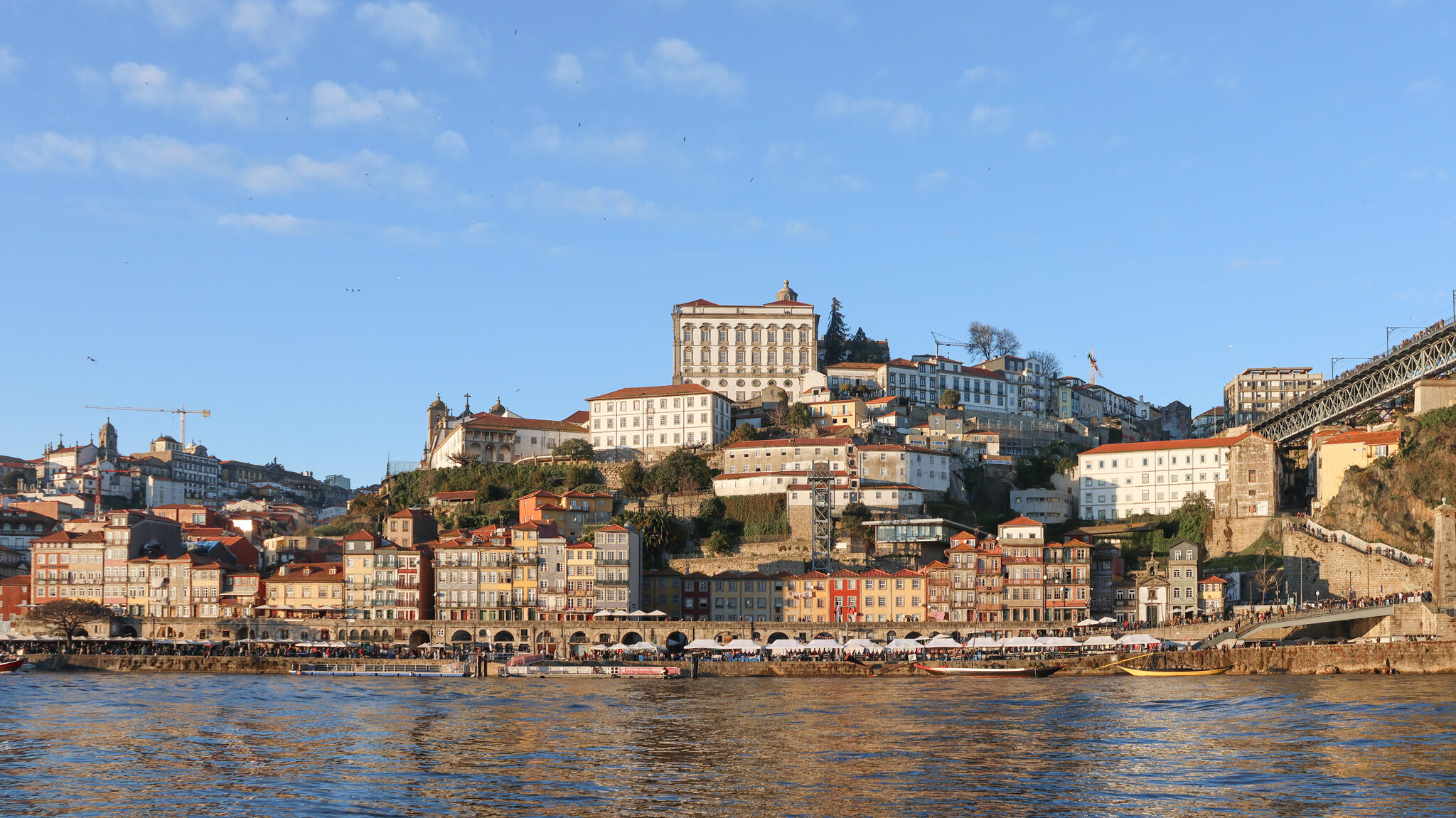 View of the Ribeira Promenade in Porto on sunny day.