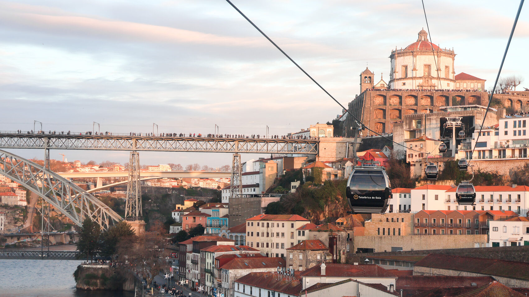 Cable car going over Gaia at sunset.