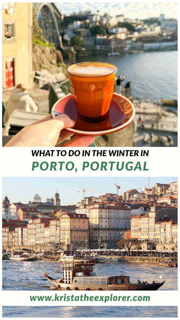 Cup of coffee at viewpoint and Douro River at sunset.