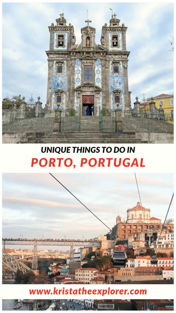 Tiled church above steps and cable car next to Douro River in Porto.