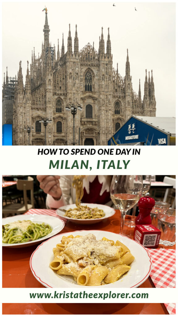 Duomo in Milan and table with pasta dishes.