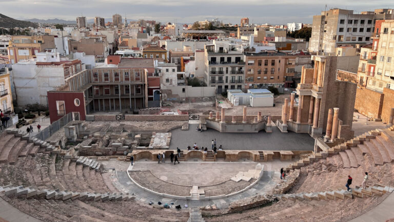 View of Roman ruins in Cartagena at sunset.