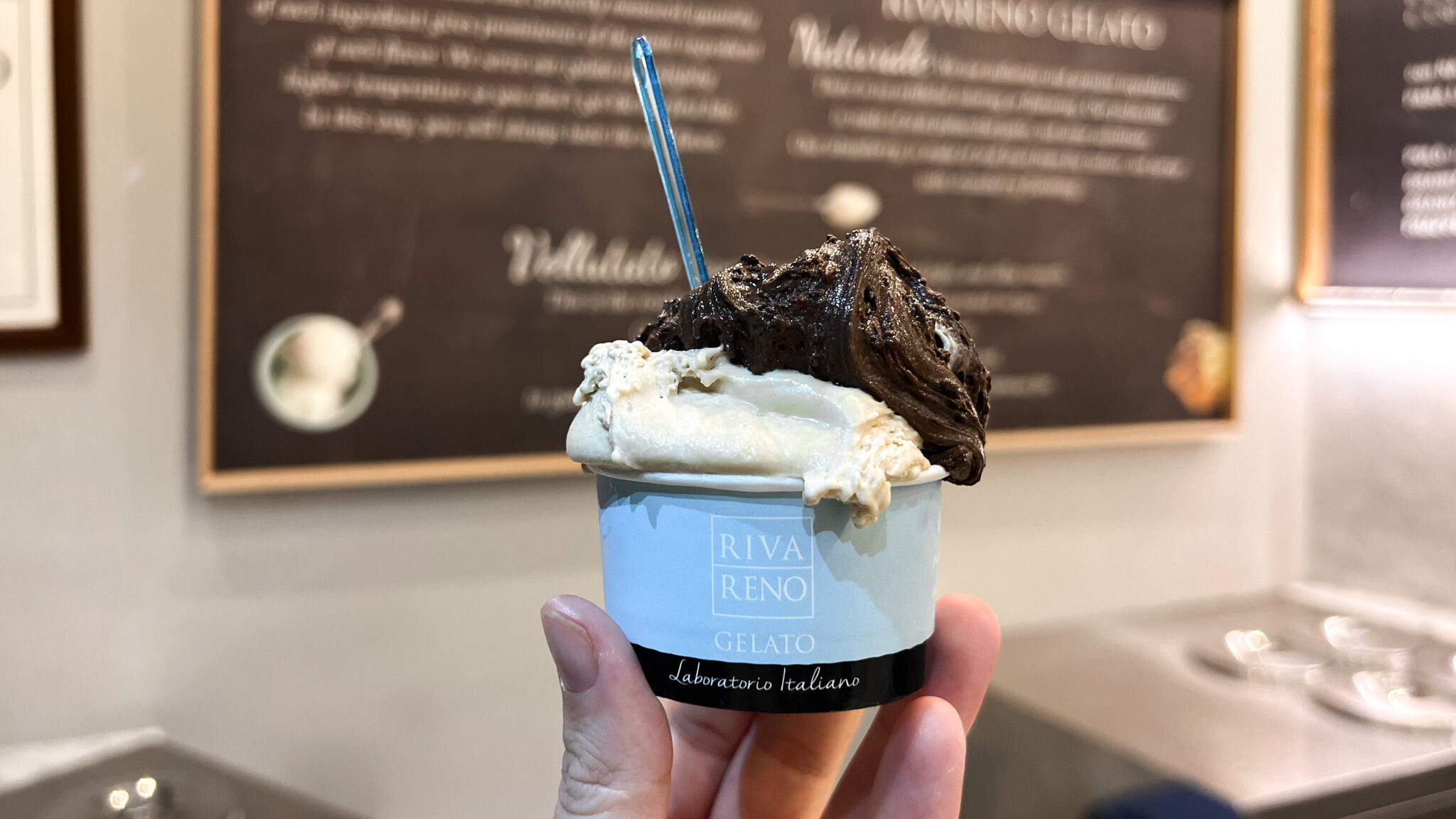 Rivareno Gelato Cartagena | Krista the Explorer Tub of fresh gelato with two different flavours.