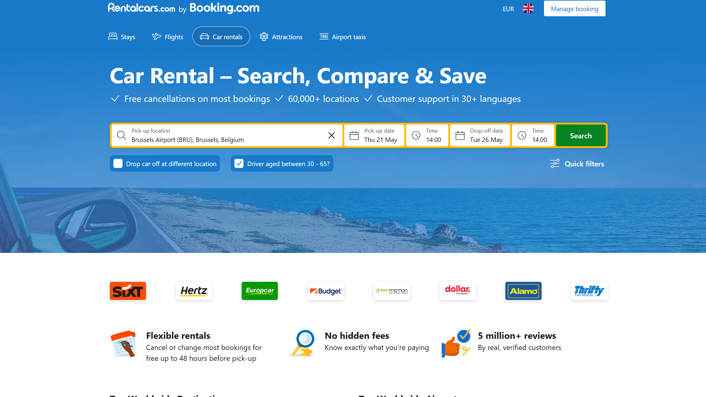 Screenshot of Rentalcars search engine on homepage.