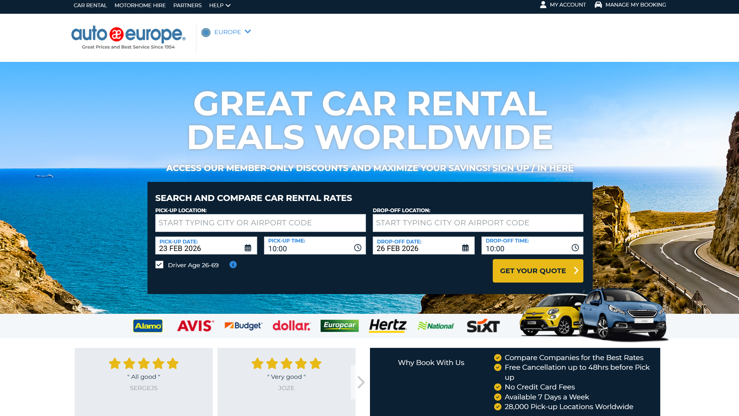 Screenshot of Auto Europe rental cars company's homepage.