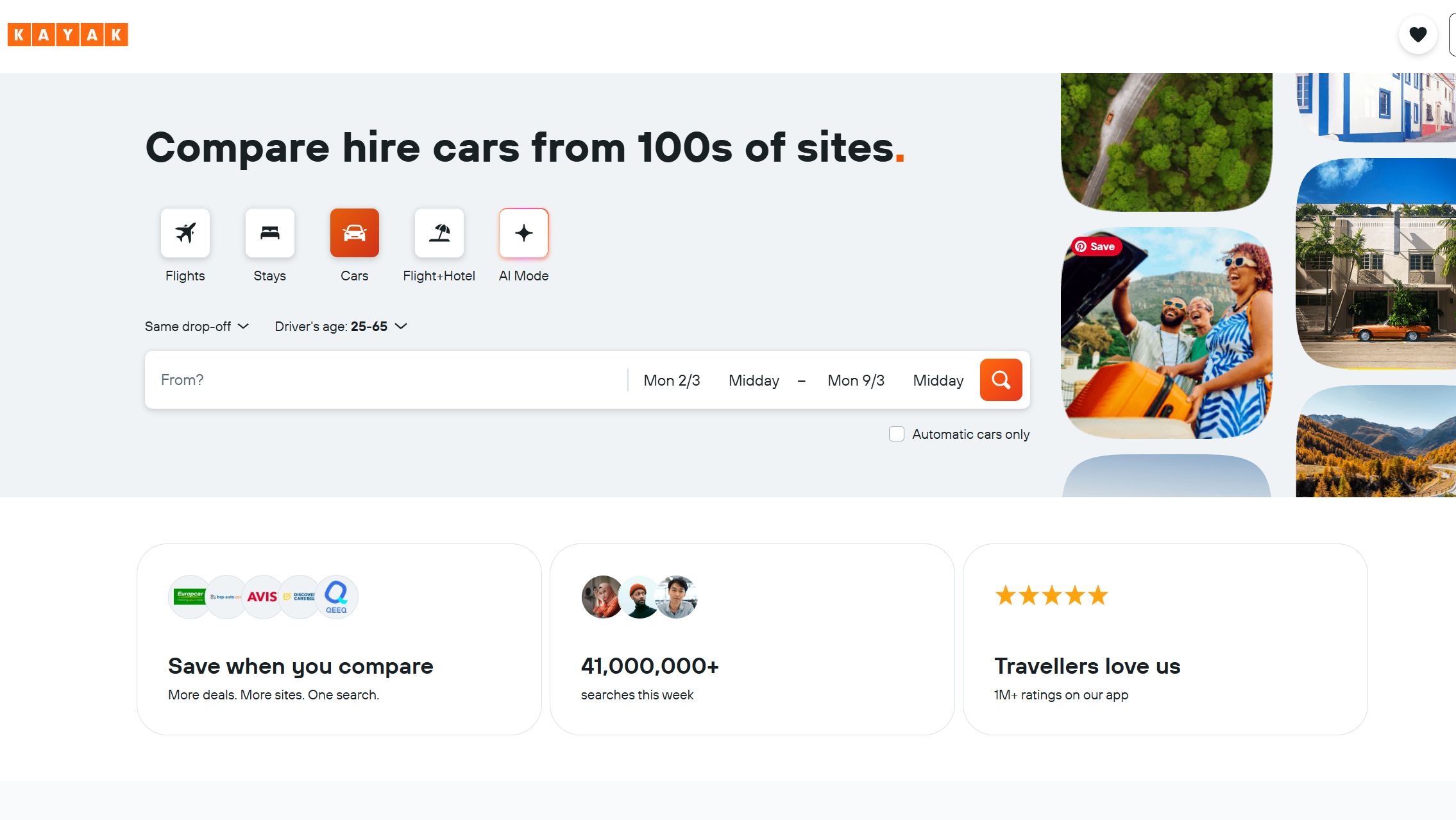 KAYAK rental car search engine page.