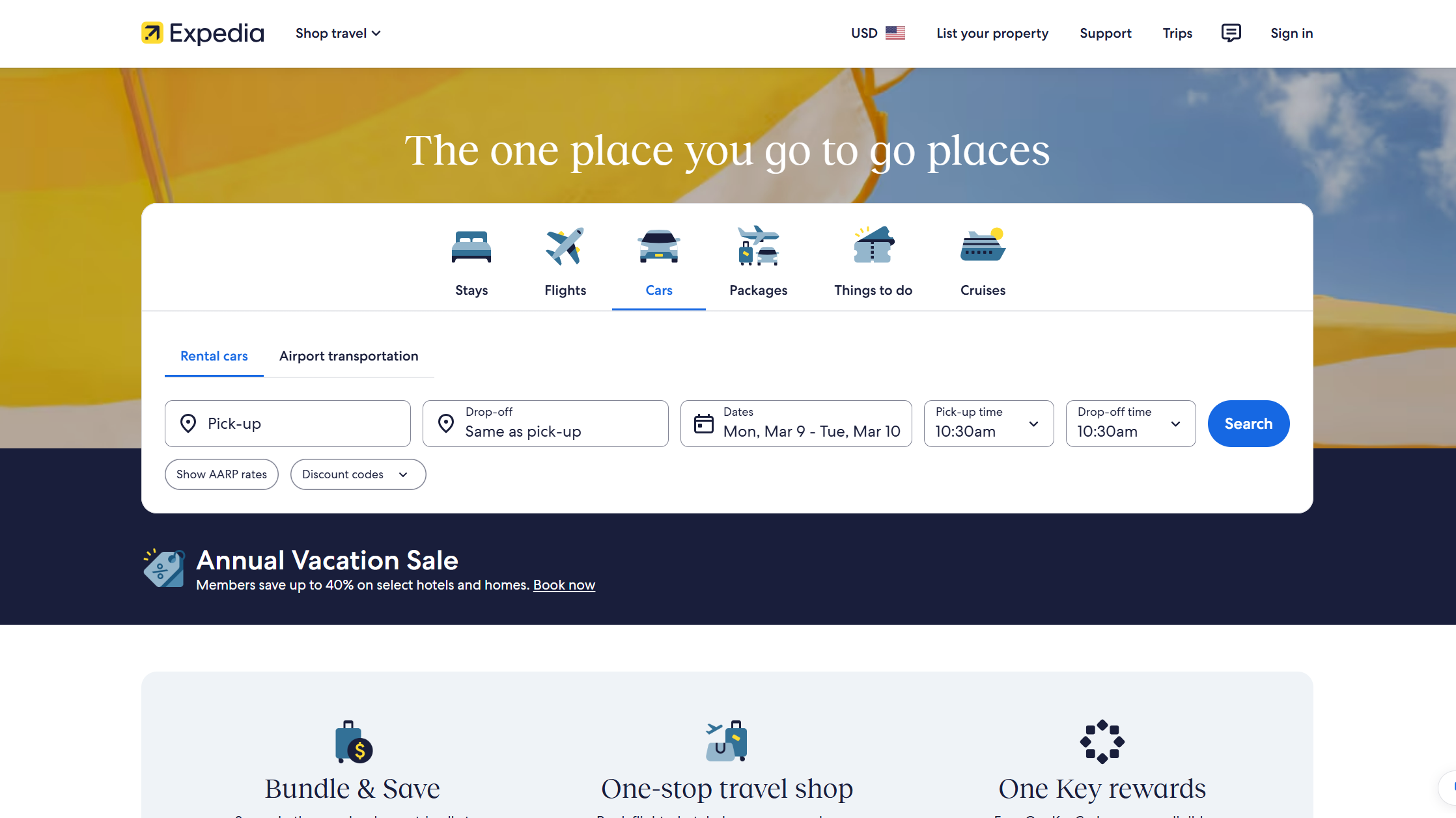 Expedia travel website used for car rental.
