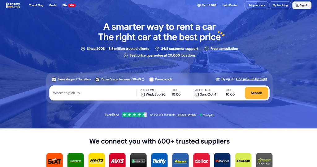 Screenshot of rental car search engine homepage.