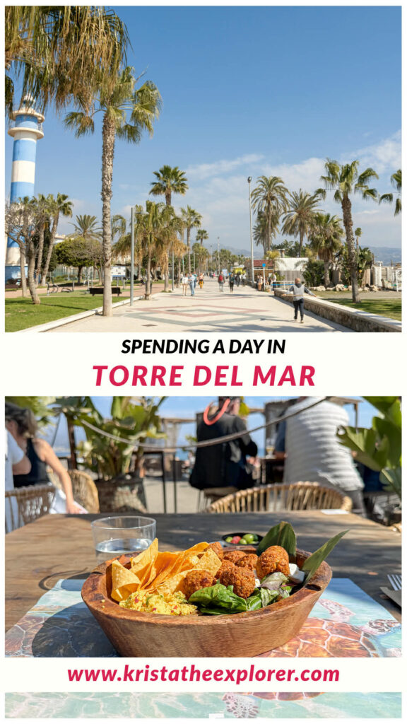 Promenade lined with palm trees and falafel salad in wooden bowl.