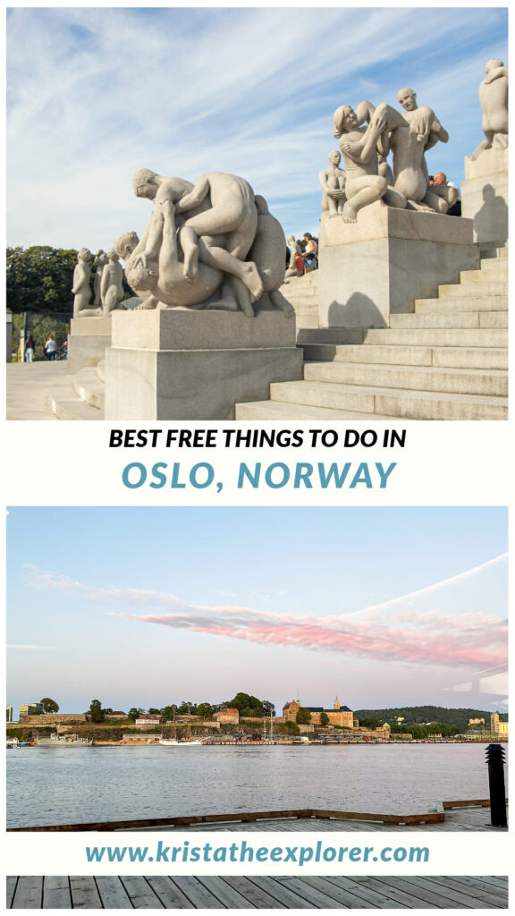 Oslo | Krista the Explorer Sculptures in park and view of waterfront at sunset.