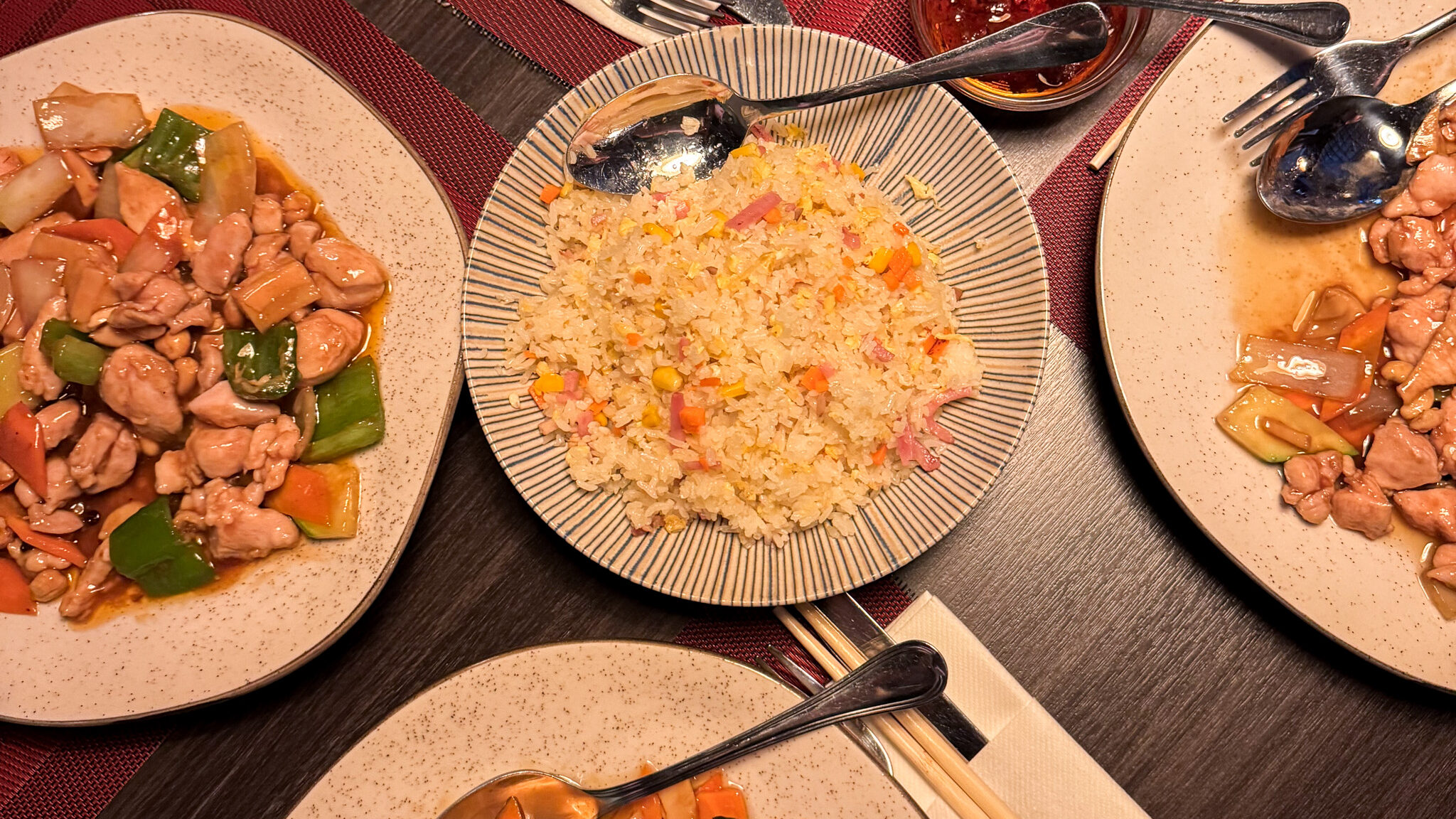 Noodle and rice dishes served in Asian restaurant.