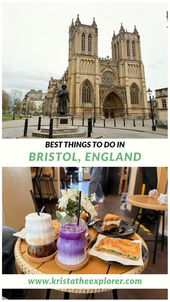 Cathedral in city and colourful lattes on table.