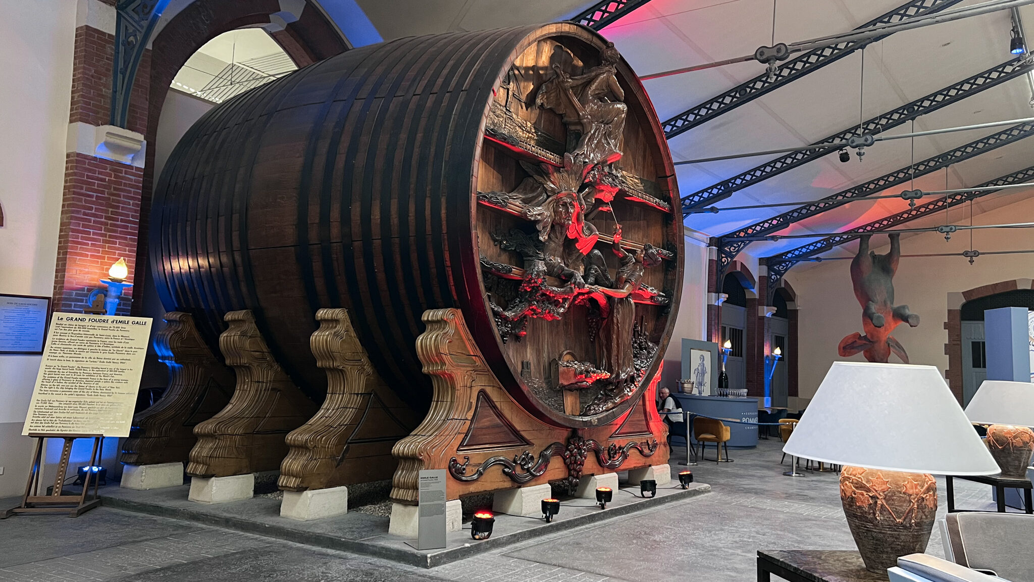Large wooden barrel full of Champagne in France.