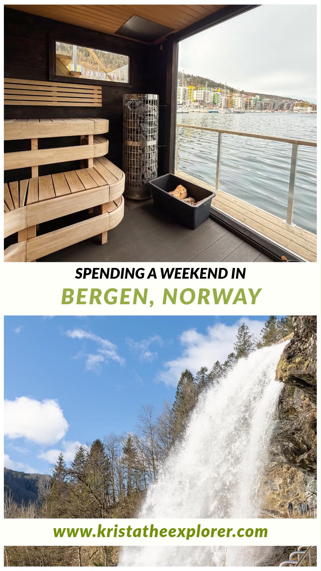 Collage promoting a weekend in Bergen, Norway and sauna scene with benches.