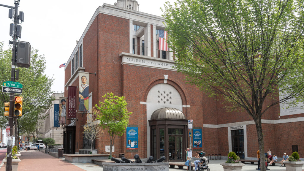 Philadelphia's Museum of the American Revolution building, brick facade with arched entrance.